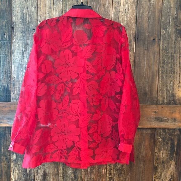 Sheer Button Down L* Floral Red Rhinestone Valentines Evening Relaxed Fit Shirt - Picture 5 of 7